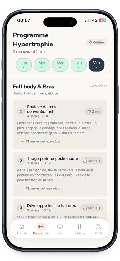Programme d'entraînement personnalisé dans l'application Bodeo